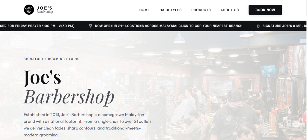 Joe's Barbershop website screenshot — Signature Grooming Studio