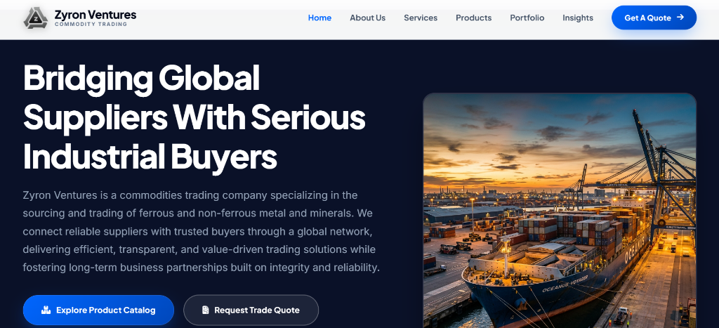 Zyron Ventures website screenshot — Commodities Trading B2B